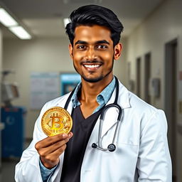 A hot Indian doctor, wearing a stylish white lab coat over a fitted shirt, confidently holding a shiny golden bitcoin in one hand
