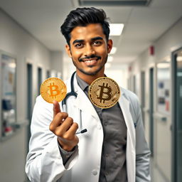 A hot Indian doctor, wearing a stylish white lab coat over a fitted shirt, confidently holding a shiny golden bitcoin in one hand