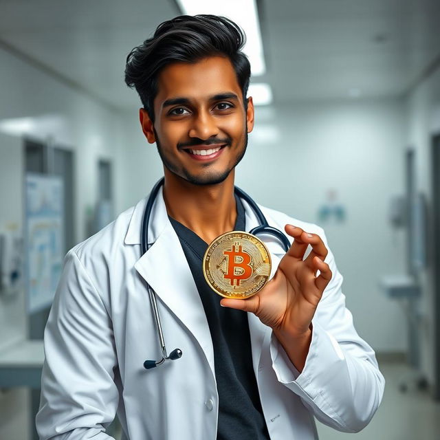 A hot Indian doctor, wearing a stylish white lab coat over a fitted shirt, confidently holding a shiny golden bitcoin in one hand