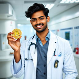 A hot Indian doctor, wearing a stylish white lab coat over a fitted shirt, confidently holding a shiny golden bitcoin in one hand