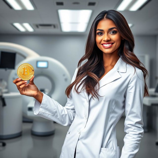 A hot Indian female radiologist, wearing a fitted white lab coat over elegant professional attire, confidently holding a shiny golden bitcoin in one hand