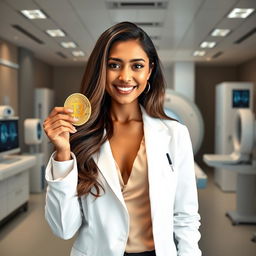A hot Indian female radiologist, wearing a fitted white lab coat over elegant professional attire, confidently holding a shiny golden bitcoin in one hand