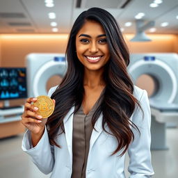 A hot Indian female radiologist, wearing a fitted white lab coat over elegant professional attire, confidently holding a shiny golden bitcoin in one hand