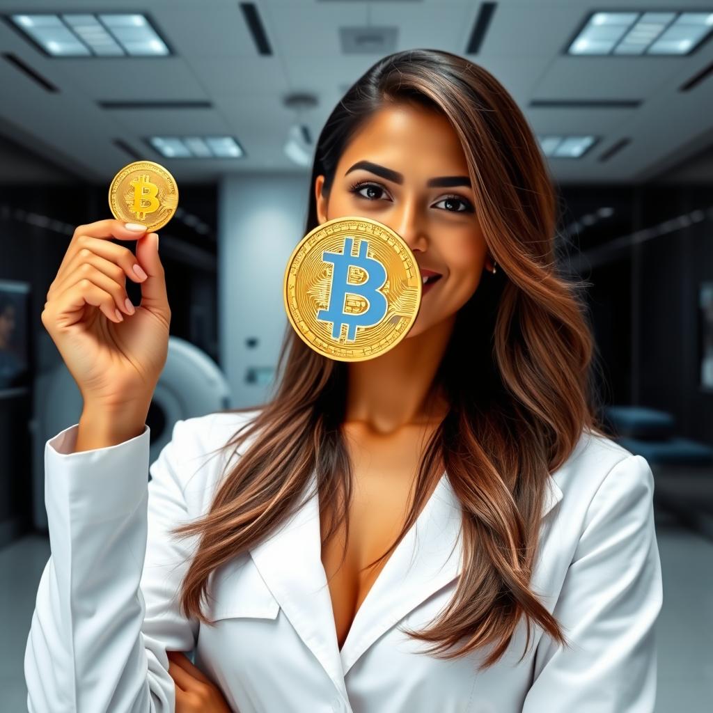 A hot Indian female radiologist, wearing a fitted white lab coat over elegant professional attire, confidently holding a shiny golden bitcoin in one hand