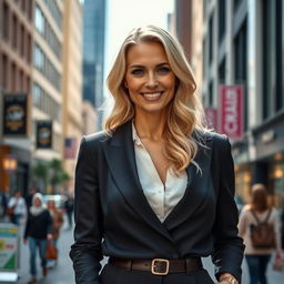 A sophisticated 40-year-old blonde woman with long, wavy hair, elegantly styled in a chic outfit