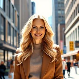 A sophisticated 40-year-old blonde woman with long, wavy hair, elegantly styled in a chic outfit