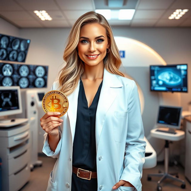 A hot white female radiologist, dressed in a sleek, fitted white lab coat over a stylish professional outfit, confidently holding a shiny golden bitcoin in one hand