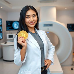 A hot white Asian female radiologist, stylishly dressed in a tailored white lab coat over a smart professional outfit, confidently holding a shiny golden bitcoin in one hand