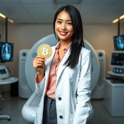 A hot white Asian female radiologist, stylishly dressed in a tailored white lab coat over a smart professional outfit, confidently holding a shiny golden bitcoin in one hand