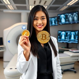 A hot white Asian female radiologist, stylishly dressed in a tailored white lab coat over a smart professional outfit, confidently holding a shiny golden bitcoin in one hand