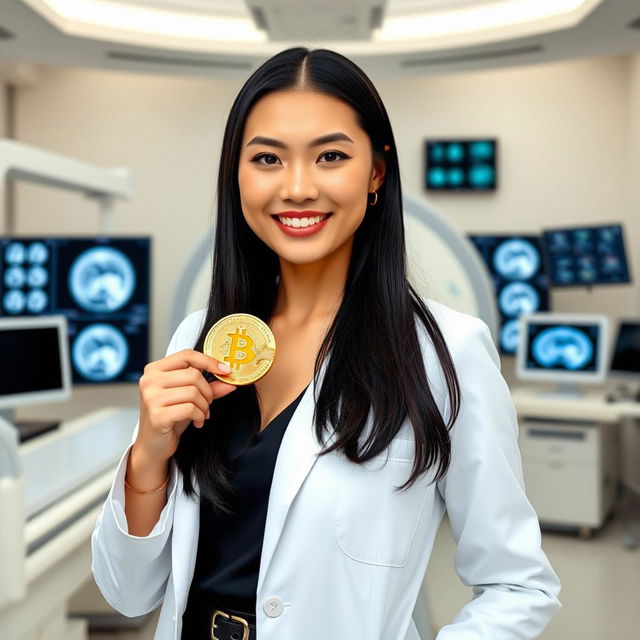 A hot white Asian female radiologist, stylishly dressed in a tailored white lab coat over a smart professional outfit, confidently holding a shiny golden bitcoin in one hand