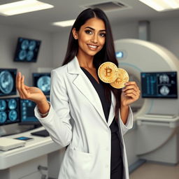 A hot white female South Asian radiologist, stylishly attired in a fitted white lab coat over a chic professional outfit, confidently holding a shiny golden bitcoin in one hand