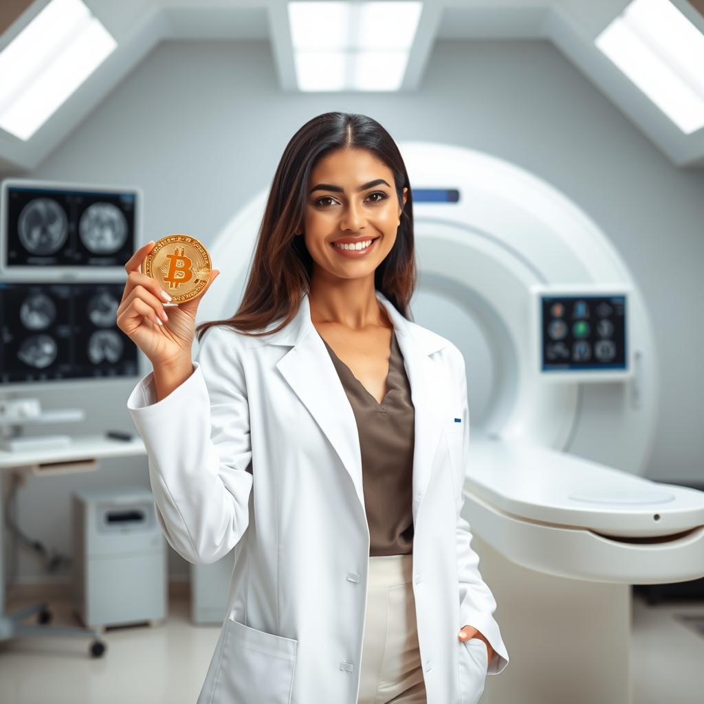 A hot white female South Asian radiologist, stylishly attired in a fitted white lab coat over a chic professional outfit, confidently holding a shiny golden bitcoin in one hand