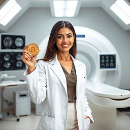 A hot white female South Asian radiologist, stylishly attired in a fitted white lab coat over a chic professional outfit, confidently holding a shiny golden bitcoin in one hand