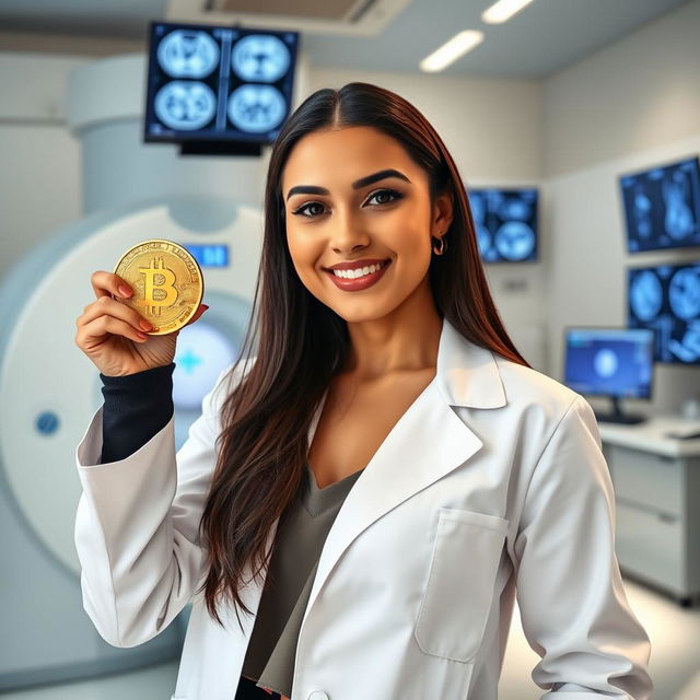 A hot white female South Asian radiologist, stylishly attired in a fitted white lab coat over a chic professional outfit, confidently holding a shiny golden bitcoin in one hand