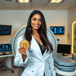 A hot white female South Asian radiologist, stylishly attired in a fitted white lab coat over a chic professional outfit, confidently holding a shiny golden bitcoin in one hand