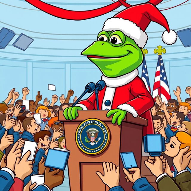 A whimsical character design of Pepe the Frog dressed as Santa Claus, standing confidently at the American presidential podium