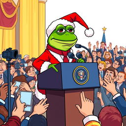 A whimsical character design of Pepe the Frog dressed as Santa Claus, standing confidently at the American presidential podium