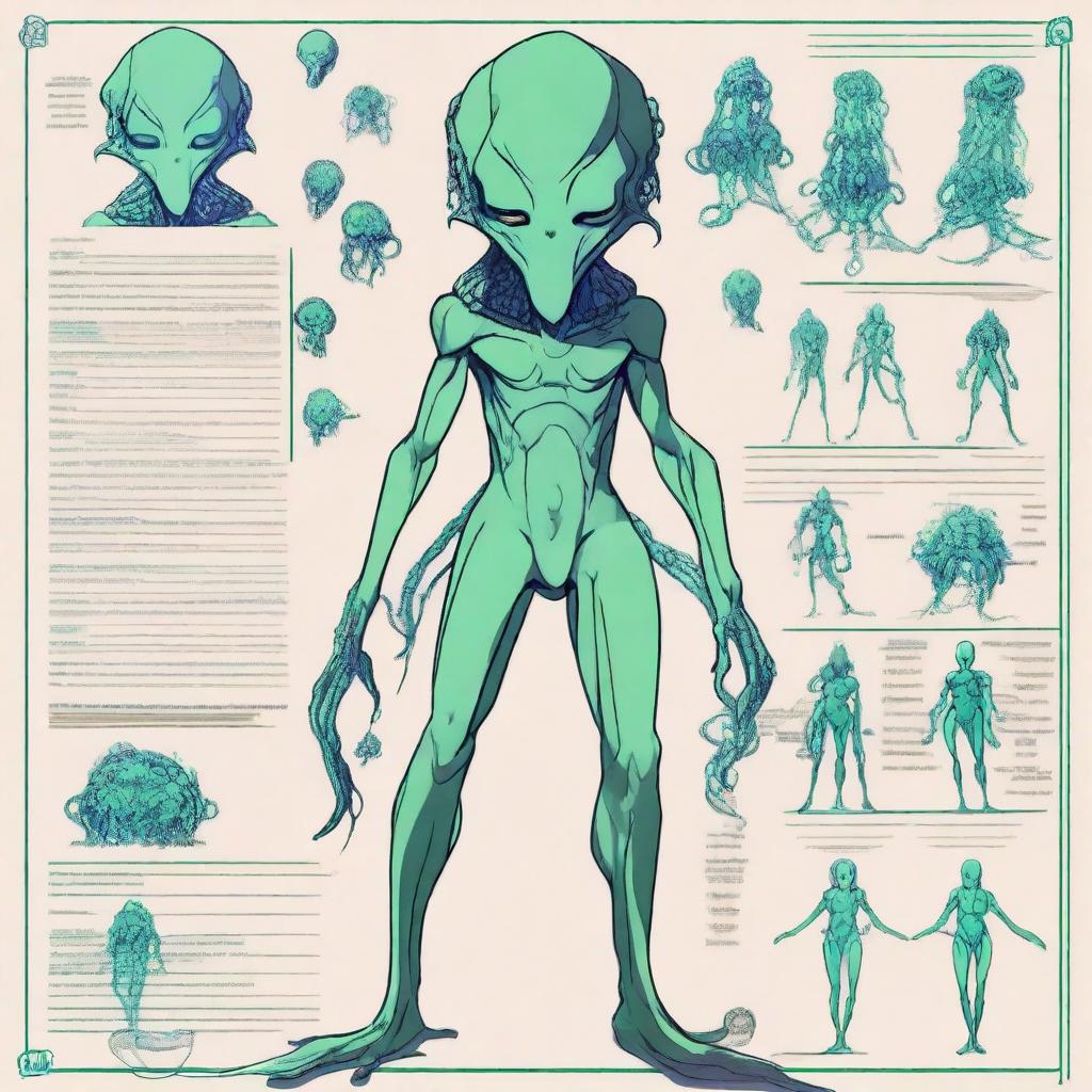 A high-quality digital art of an anime-style character sheet, featuring an alien space man with tentacles for hair