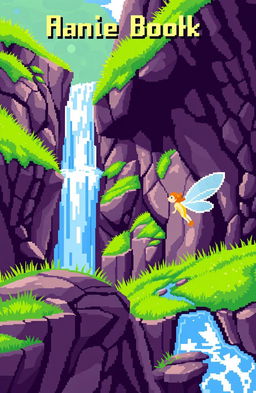 A book cover design featuring a vibrant pixel art scene with a waterfall cascading down between rocky cliffs