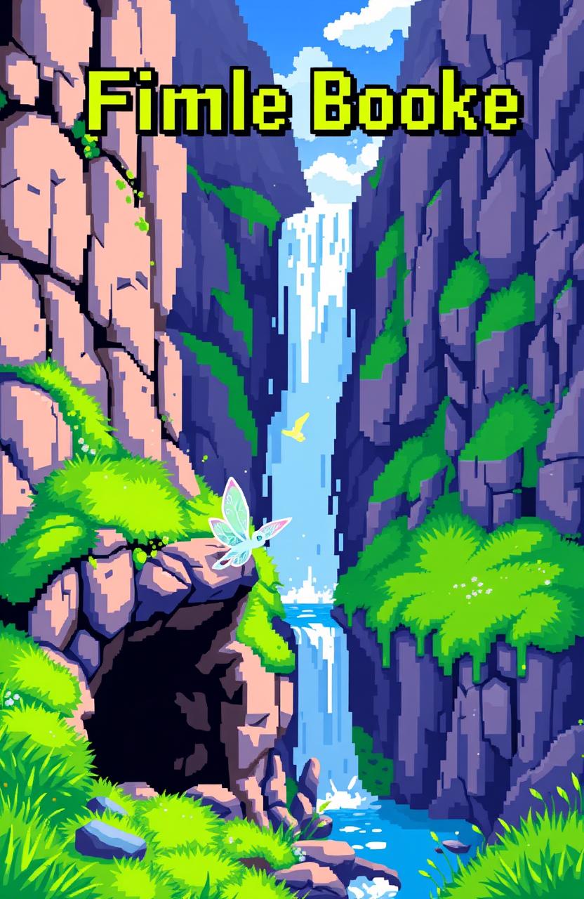 A book cover design featuring a vibrant pixel art scene with a waterfall cascading down between rocky cliffs