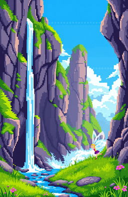 A book cover design featuring a vibrant pixel art scene with a waterfall cascading down between rocky cliffs