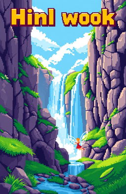 A book cover design featuring a vibrant pixel art scene with a waterfall cascading down between rocky cliffs