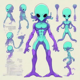 A high-quality digital art of an anime-style character sheet, featuring an alien space man with tentacles for hair