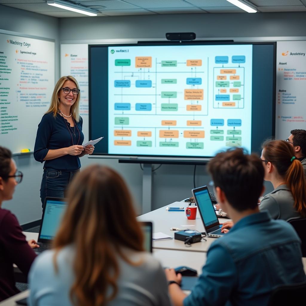 A vibrant and dynamic classroom scene showing students engaged in a MySQL database basic training workshop