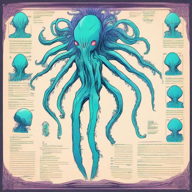 A high-quality digital art of an anime-style character sheet, featuring an alien space man with tentacles for hair