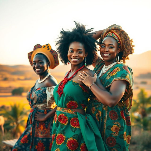 Beautiful African women posing confidently, celebrating their natural beauty and empowerment, surrounded by vibrant African landscapes, showcasing rich cultural elements in their poses and expressions