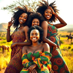 Beautiful African women posing confidently, celebrating their natural beauty and empowerment, surrounded by vibrant African landscapes, showcasing rich cultural elements in their poses and expressions