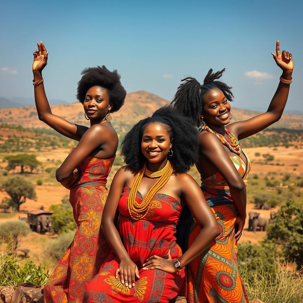 Beautiful African women posing confidently, celebrating their natural beauty and empowerment, surrounded by vibrant African landscapes, showcasing rich cultural elements in their poses and expressions