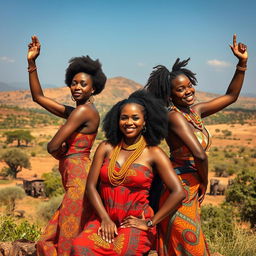 Beautiful African women posing confidently, celebrating their natural beauty and empowerment, surrounded by vibrant African landscapes, showcasing rich cultural elements in their poses and expressions