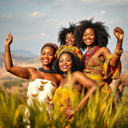 Beautiful African women posing confidently, celebrating their natural beauty and empowerment, surrounded by vibrant African landscapes, showcasing rich cultural elements in their poses and expressions