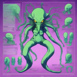 A high-quality digital art of an anime-style character sheet, featuring an alien space man with tentacles for hair