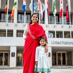 An Indian woman wearing a vibrant red skirt and a crisp white shirt standing proudly alongside her young daughter outside the United Nations office