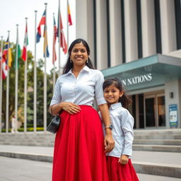 An Indian woman wearing a vibrant red skirt and a crisp white shirt standing proudly alongside her young daughter outside the United Nations office