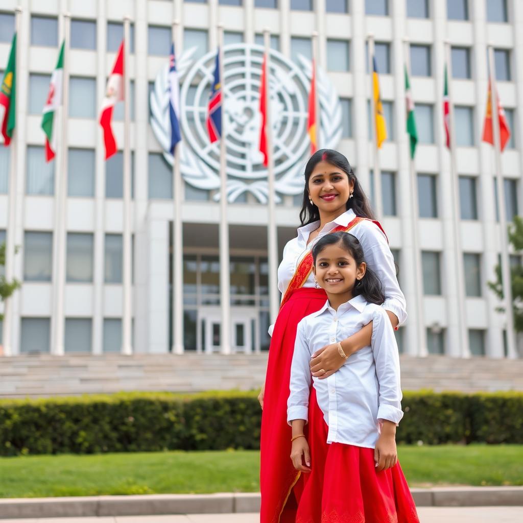 An Indian woman wearing a vibrant red skirt and a crisp white shirt standing proudly alongside her young daughter outside the United Nations office