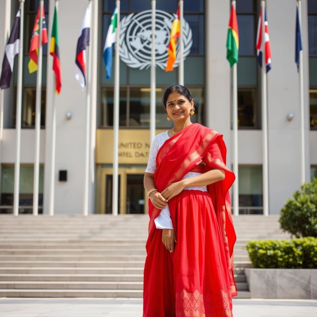 An Indian woman wearing a vibrant red skirt and a crisp white shirt standing proudly alongside her young daughter outside the United Nations office