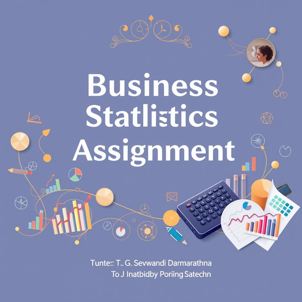 A cover page design for a Business Statistics Assignment, featuring an elegant layout with beautiful and relevant pictures that symbolize business and statistics, such as graphs, charts, and calculators