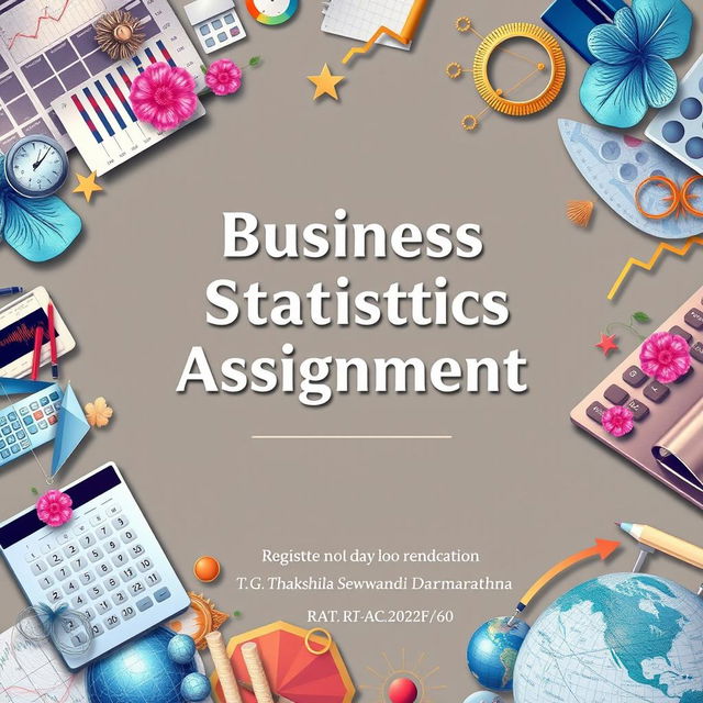 A cover page design for a Business Statistics Assignment, featuring an elegant layout with beautiful and relevant pictures that symbolize business and statistics, such as graphs, charts, and calculators