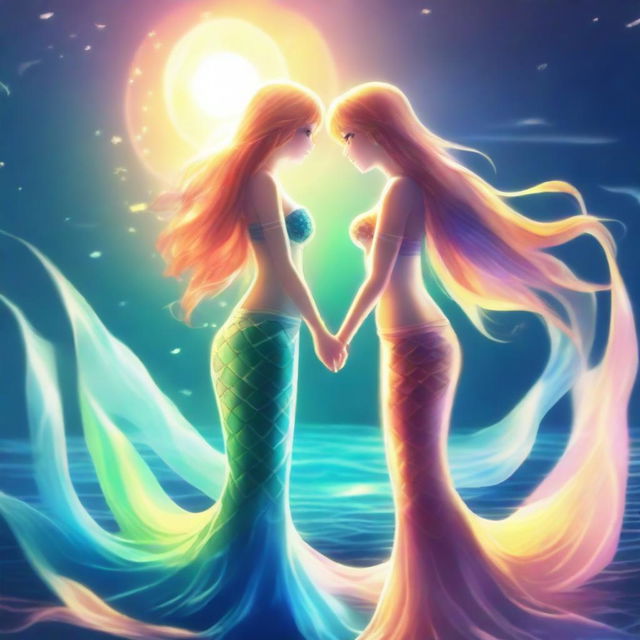 A high-quality digital art piece depicting a beautiful anime-style mermaid woman with a glowing tail, holding hands with her anime human wife