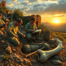 A dynamic scene depicting Soviet archaeologists meticulously excavating an ancient site, surrounded by rugged terrain and artifacts