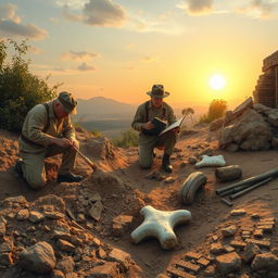 A dynamic scene depicting Soviet archaeologists meticulously excavating an ancient site, surrounded by rugged terrain and artifacts