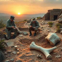 A dynamic scene depicting Soviet archaeologists meticulously excavating an ancient site, surrounded by rugged terrain and artifacts