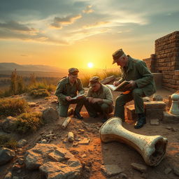 A dynamic scene depicting Soviet archaeologists meticulously excavating an ancient site, surrounded by rugged terrain and artifacts