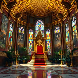 A majestic and opulent royal throne room, featuring high ceilings adorned with intricate gold leaf designs