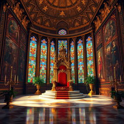 A majestic and opulent royal throne room, featuring high ceilings adorned with intricate gold leaf designs