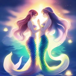 A high-quality digital art piece depicting a beautiful anime-style mermaid woman with a glowing tail, holding hands with her anime human wife